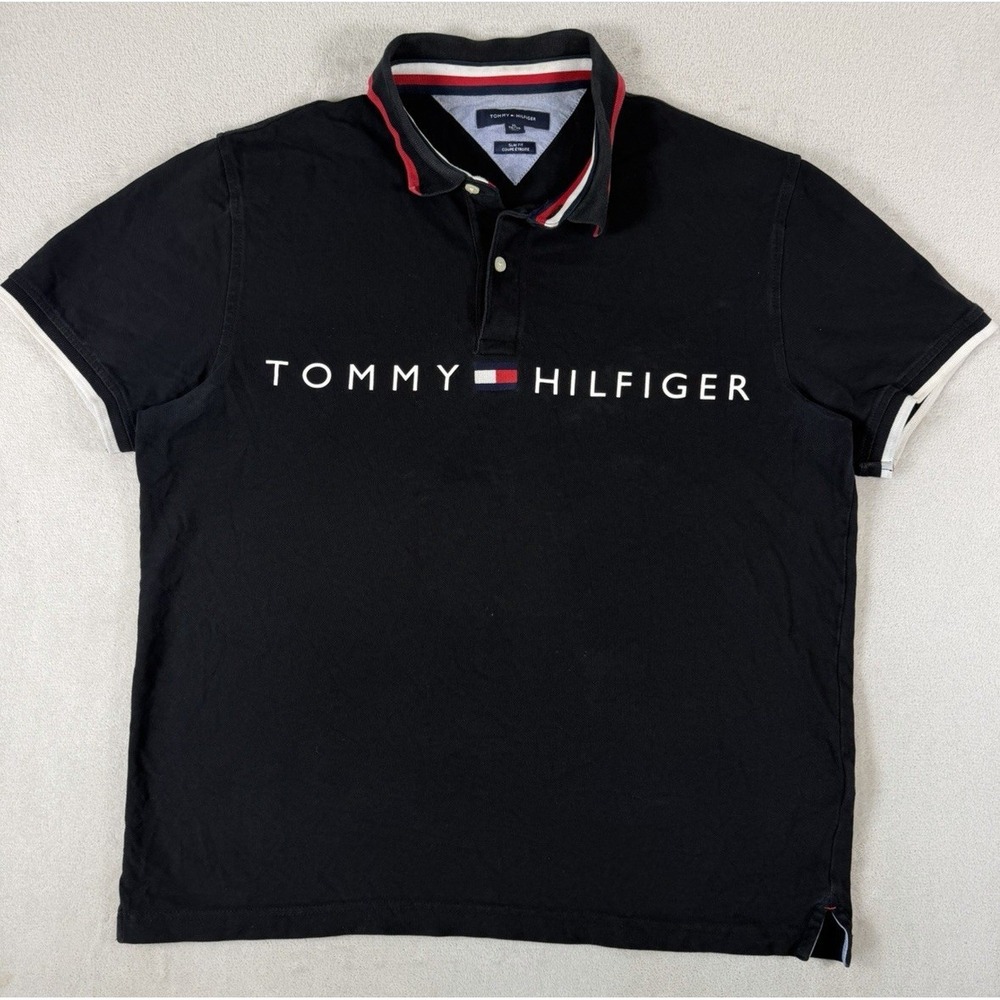 Tommy Hilfiger Men's XL Slim Fit Polo Shirt Black Short Sleeve Big Logo